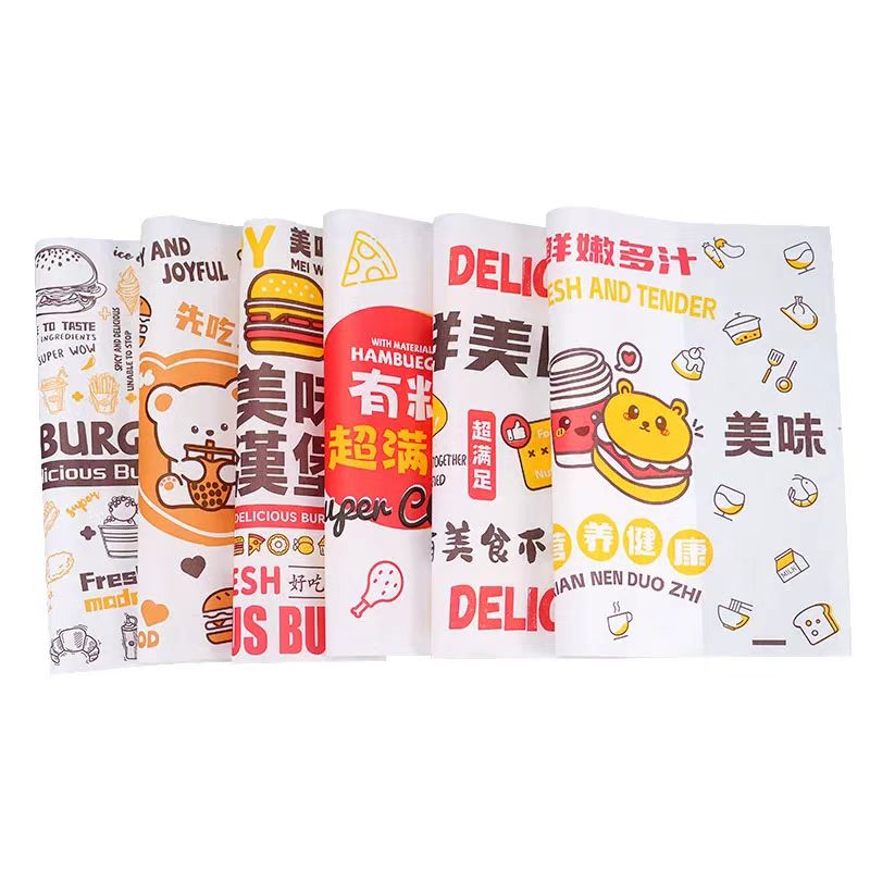 Custom Logo Printed Food Grade Grease Proof Square Packaging Wax Paper For Takeaway-Food, Snacks, Fries, Hamburgers.