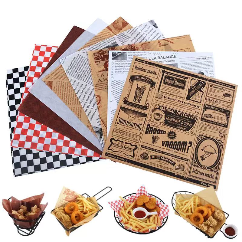 Custom Logo Printed Food Grade Grease Proof Square Packaging Wax Paper For Takeaway-Food, Snacks, Fries, Hamburgers.